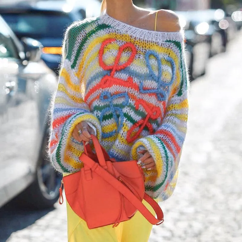Ladies Crochet Knitted Rainbow Sweater T2A1