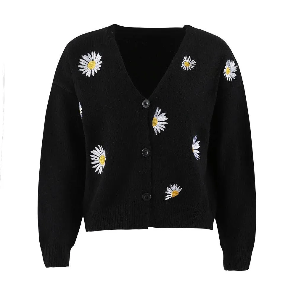 Ladies Daisy Embroidered V-Neck Cardigan SKT4679