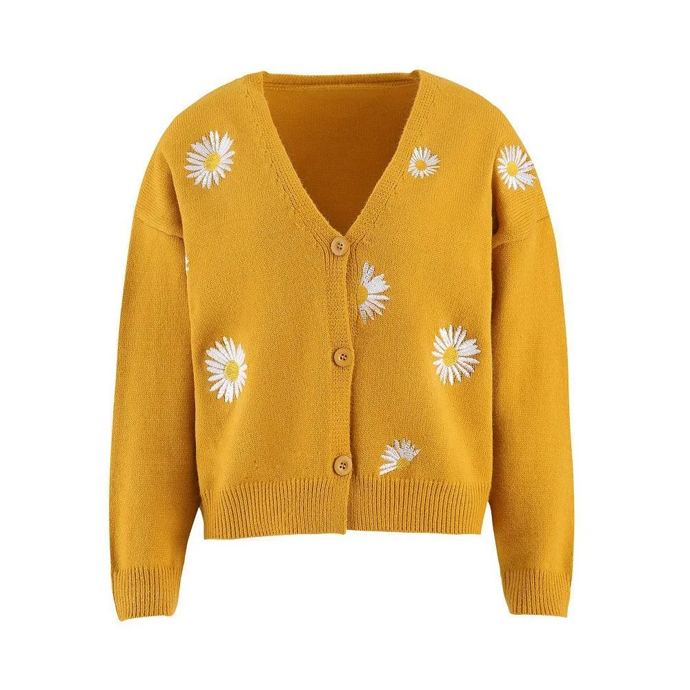 Ladies Daisy Embroidered V-Neck Cardigan SKT4679