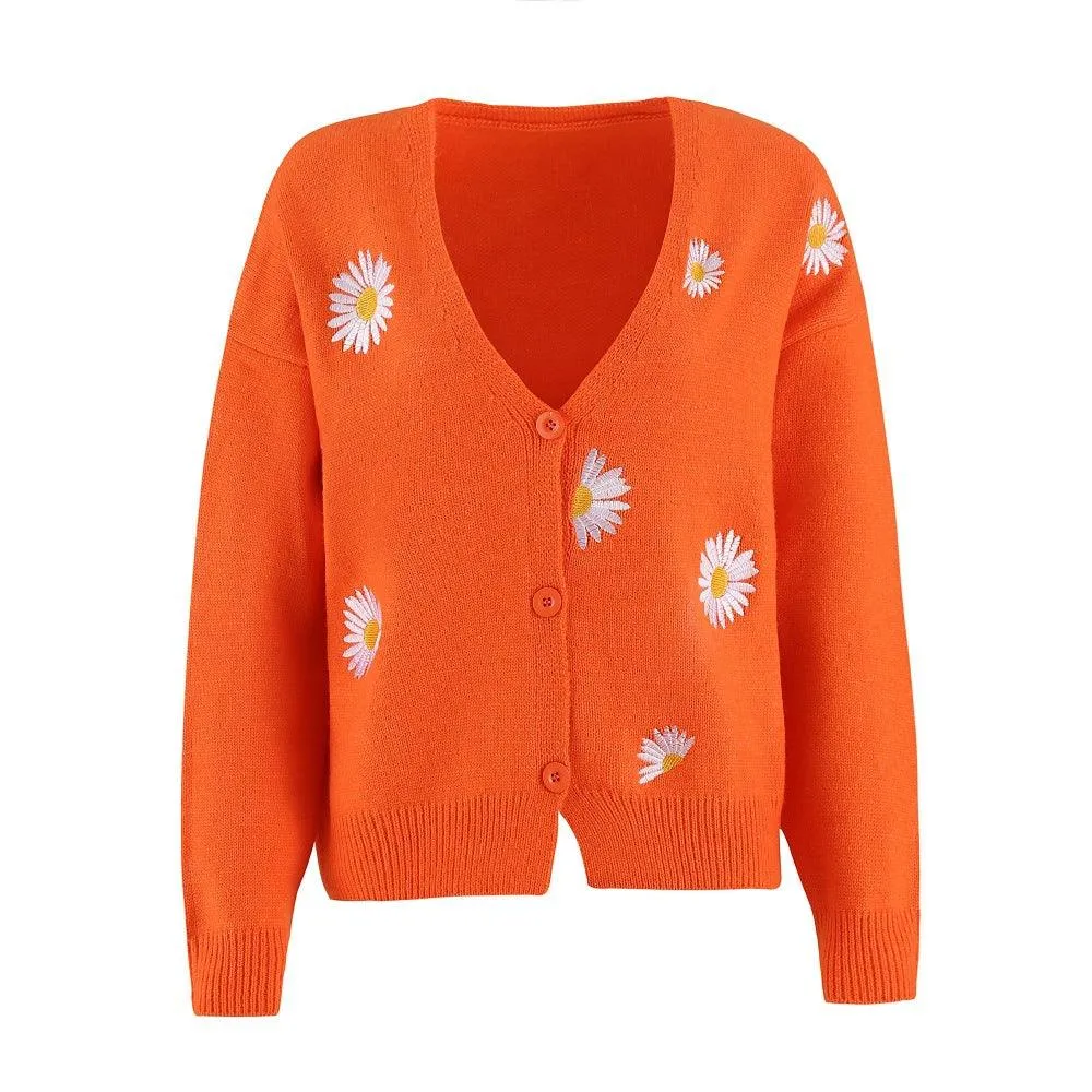 Ladies Daisy Embroidered V-Neck Cardigan SKT4679
