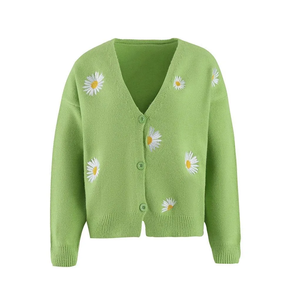 Ladies Daisy Embroidered V-Neck Cardigan SKT4679