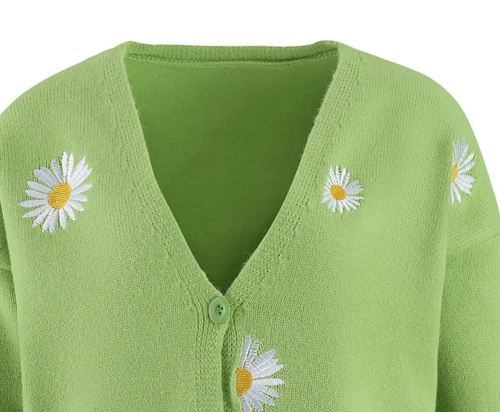Ladies Daisy Embroidered V-Neck Cardigan SKT4679