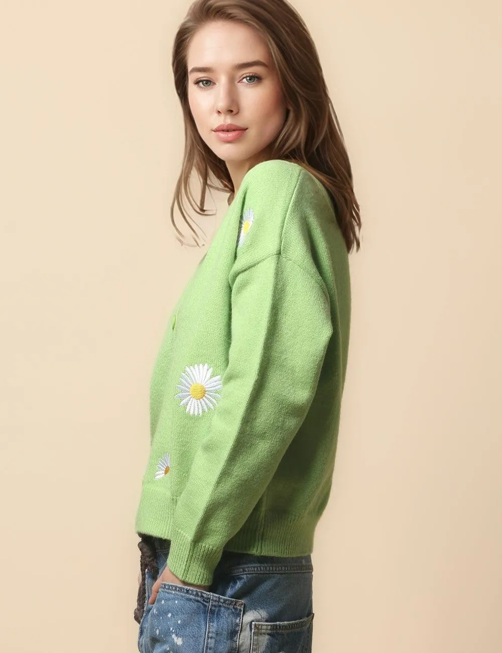Ladies Daisy Embroidered V-Neck Cardigan SKT4679
