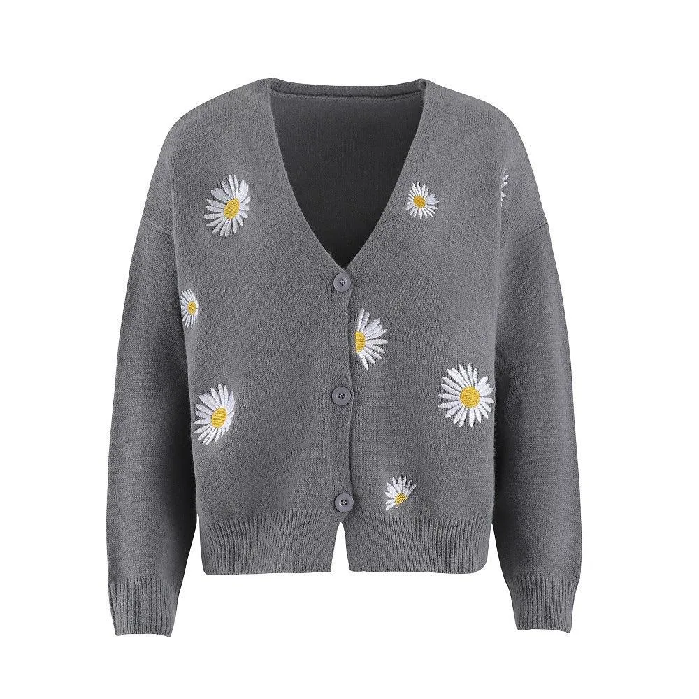 Ladies Daisy Embroidered V-Neck Cardigan SKT4679