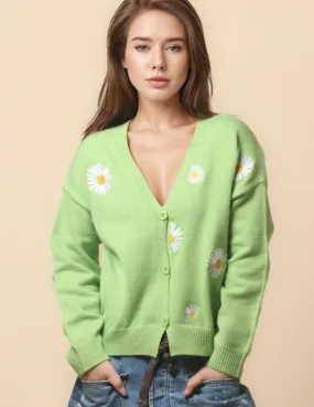 Ladies Daisy Embroidered V-Neck Cardigan SKT4679