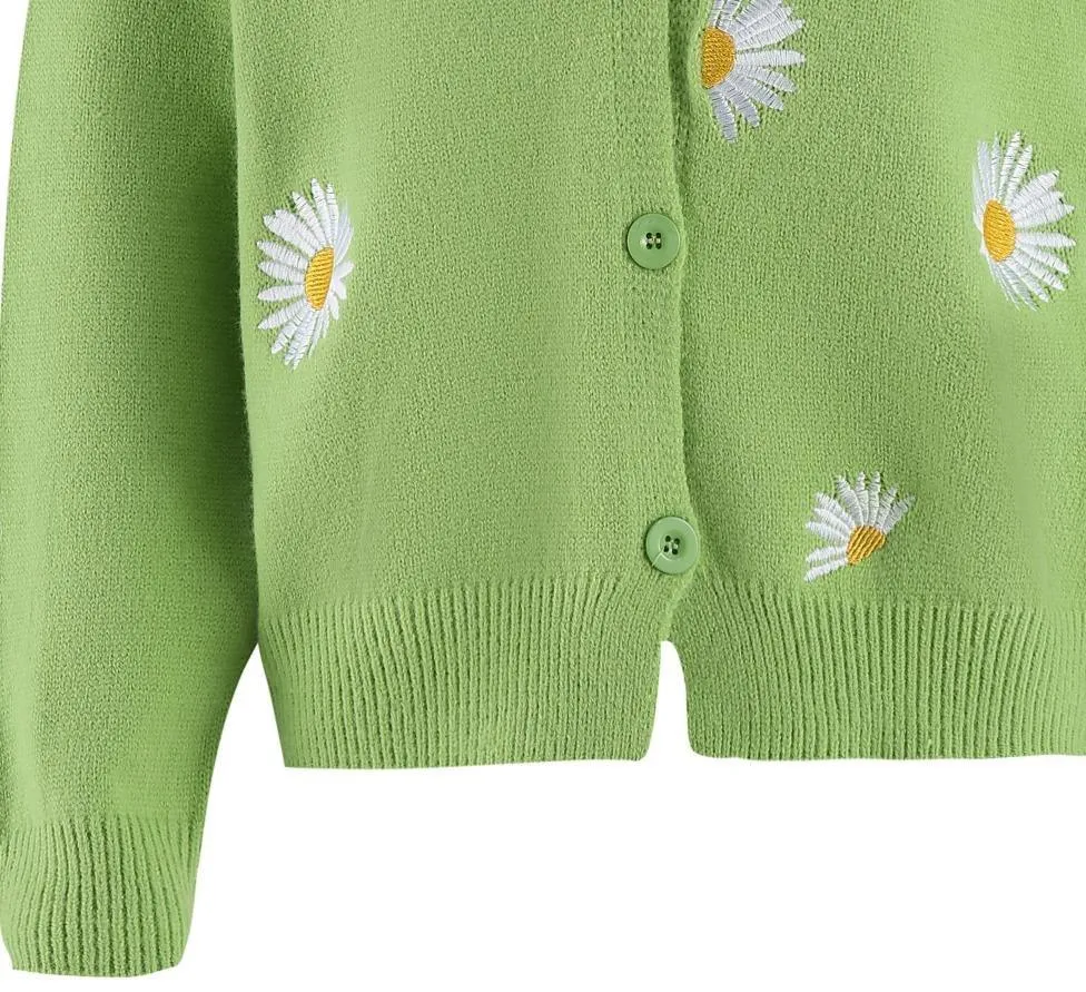 Ladies Daisy Embroidered V-Neck Cardigan SKT4679