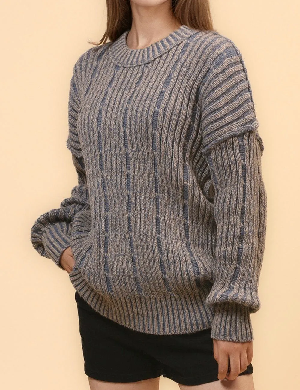 Ladies Distressed Striped Color Block Sweater SKT4661