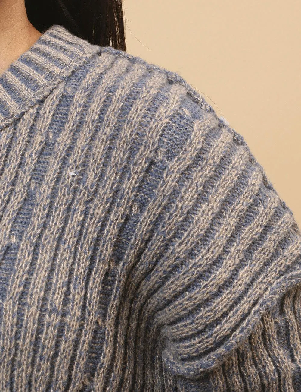 Ladies Distressed Striped Color Block Sweater SKT4661