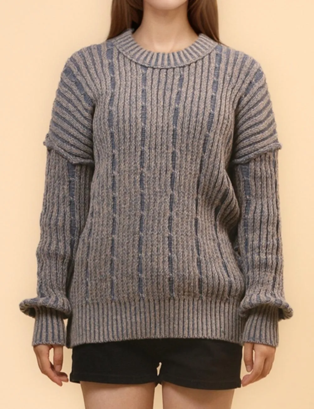 Ladies Distressed Striped Color Block Sweater SKT4661