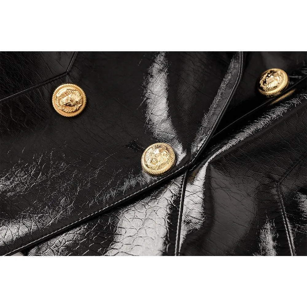 Ladies Double Breasted Long Sleeves Leather Blazer 12703