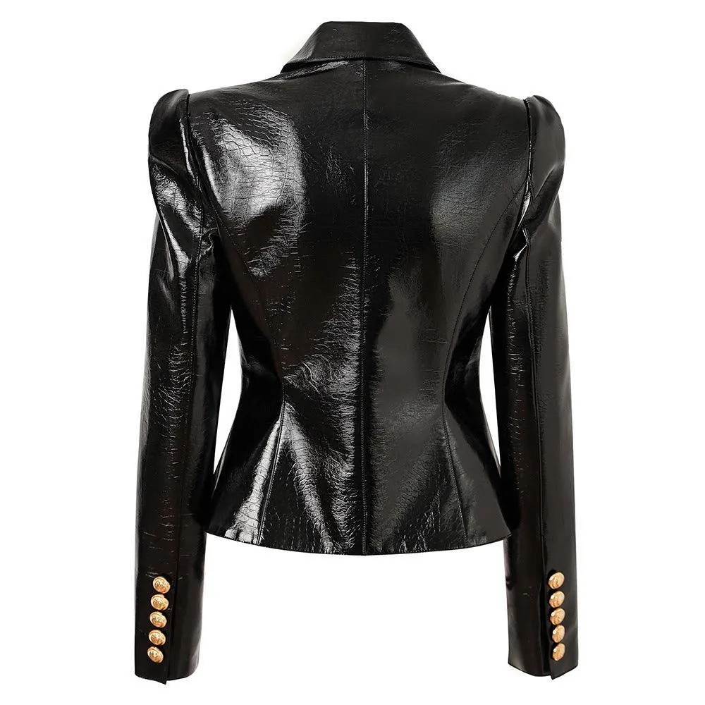 Ladies Double Breasted Long Sleeves Leather Blazer 12703