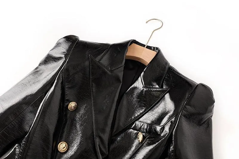 Ladies Double Breasted Long Sleeves Leather Blazer 12703