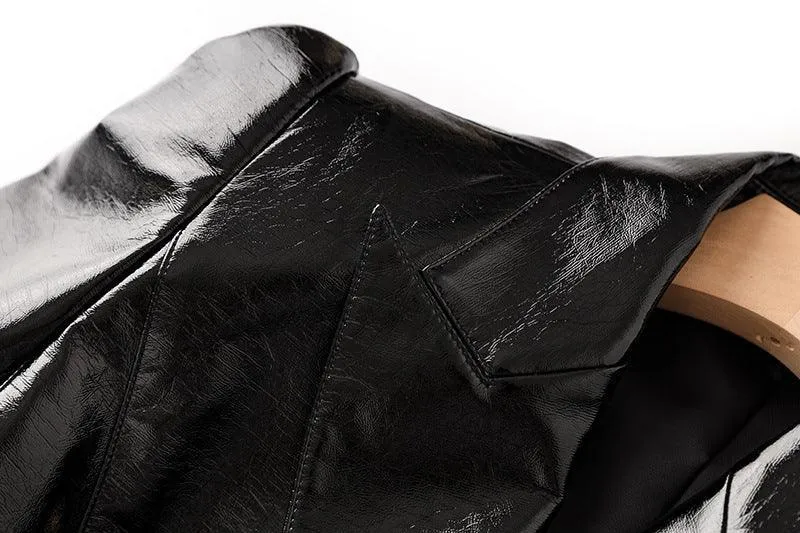 Ladies Double Breasted Long Sleeves Leather Blazer 12703