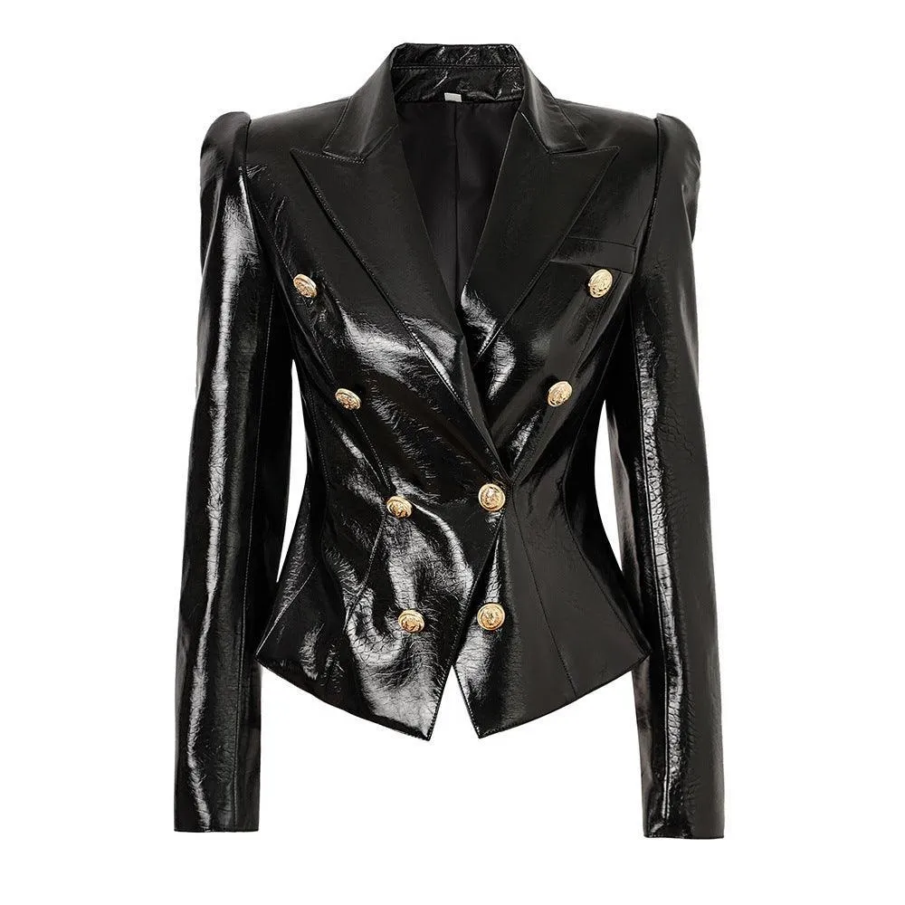 Ladies Double Breasted Long Sleeves Leather Blazer 12703