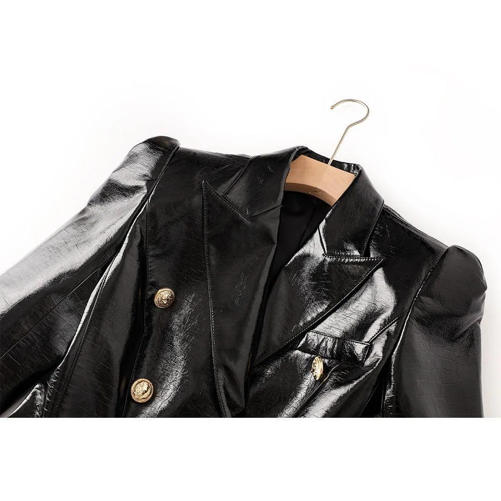 Ladies Double Breasted Long Sleeves Leather Blazer 12703
