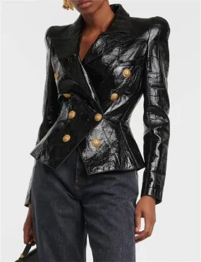Ladies Double Breasted Long Sleeves Leather Blazer 12703
