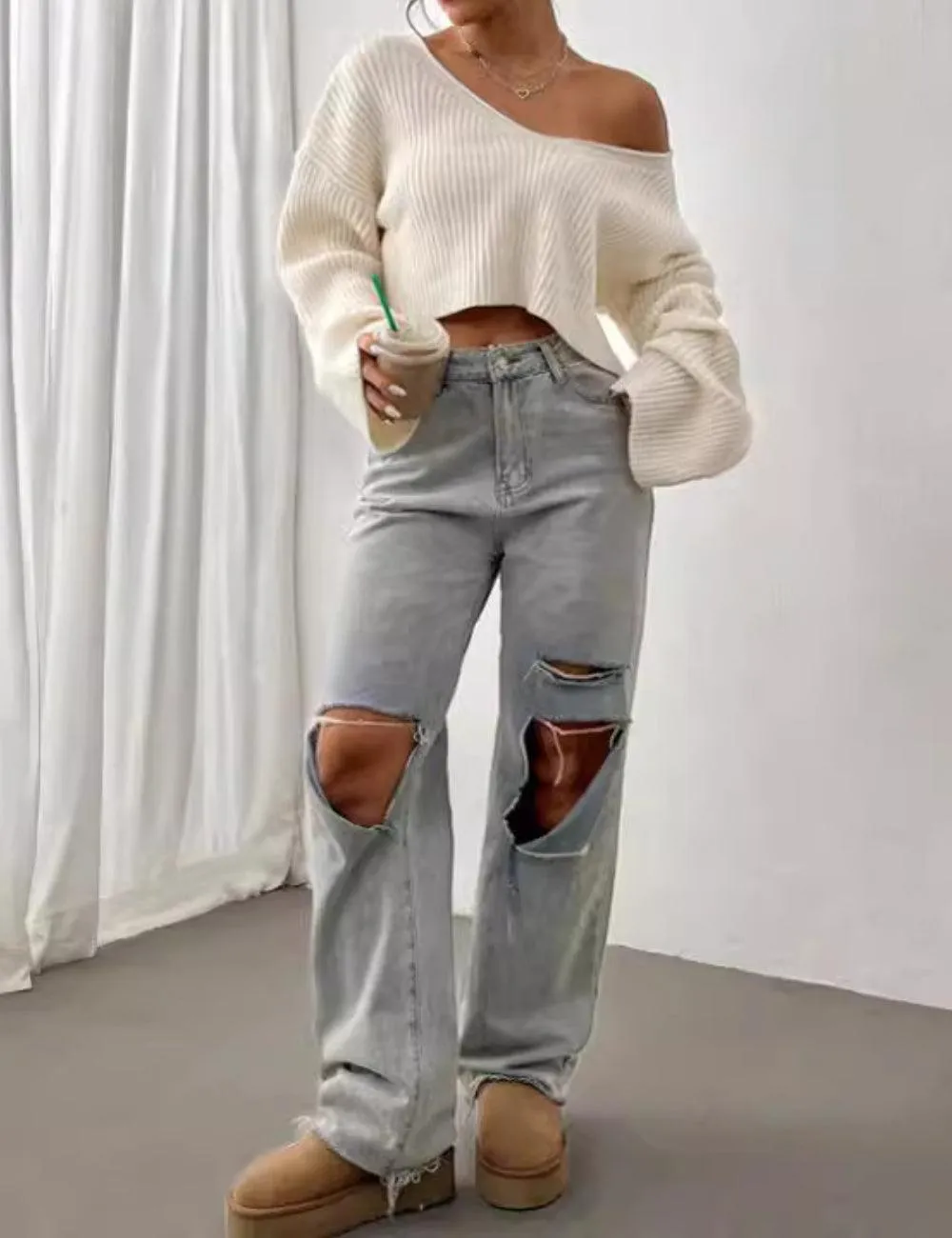 Ladies Drop Shoulder Ribbed Knit Sweater GG011