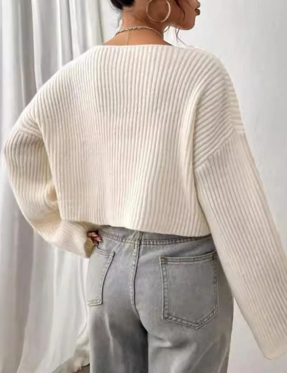 Ladies Drop Shoulder Ribbed Knit Sweater GG011