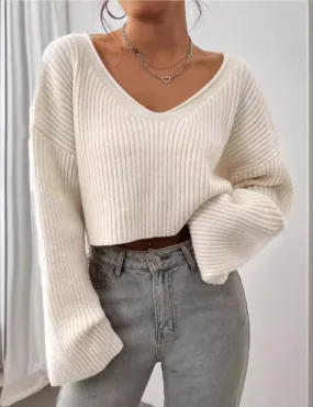 Ladies Drop Shoulder Ribbed Knit Sweater GG011