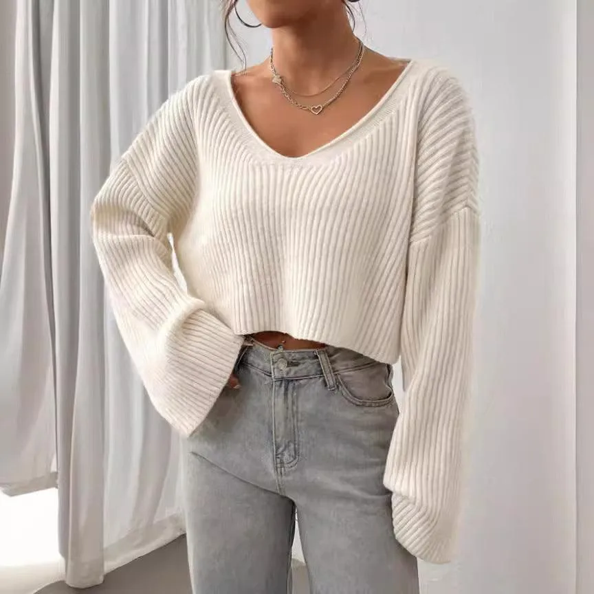 Ladies Drop Shoulder Ribbed Knit Sweater GG011