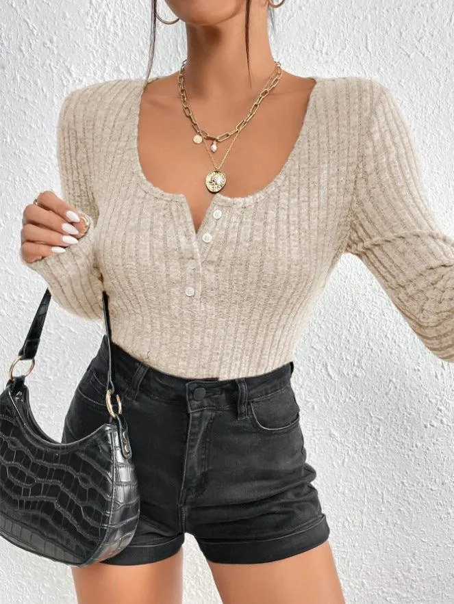 Ladies Half Button Scoop Neck Knit Tee G1020