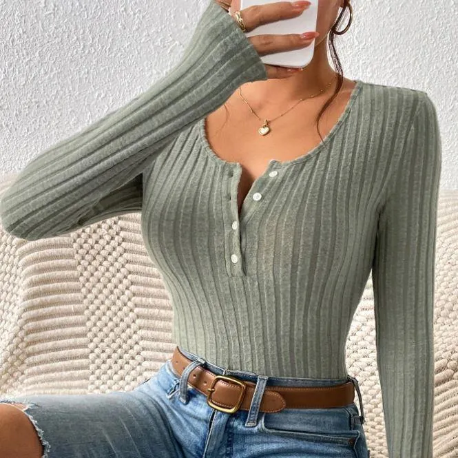 Ladies Half Button Scoop Neck Knit Tee G1020
