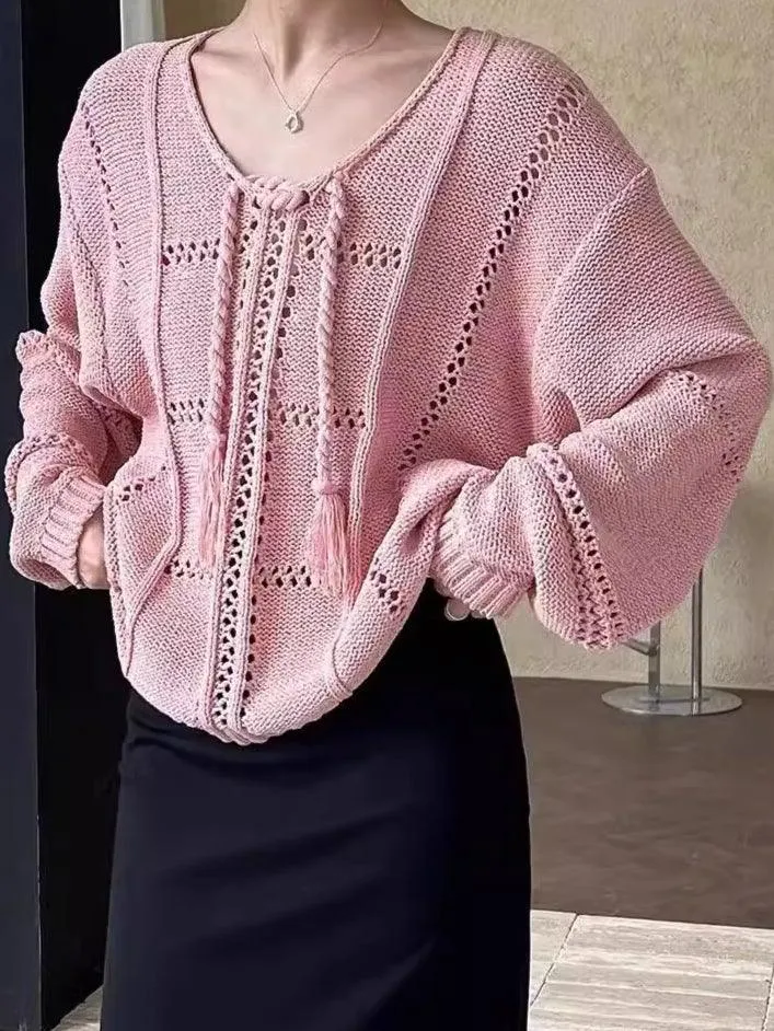 Ladies Hallow V-Neck Long Sleeves Pullover Sweater SKT4809