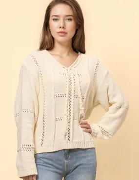 Ladies Hallow V-Neck Long Sleeves Pullover Sweater SKT4809