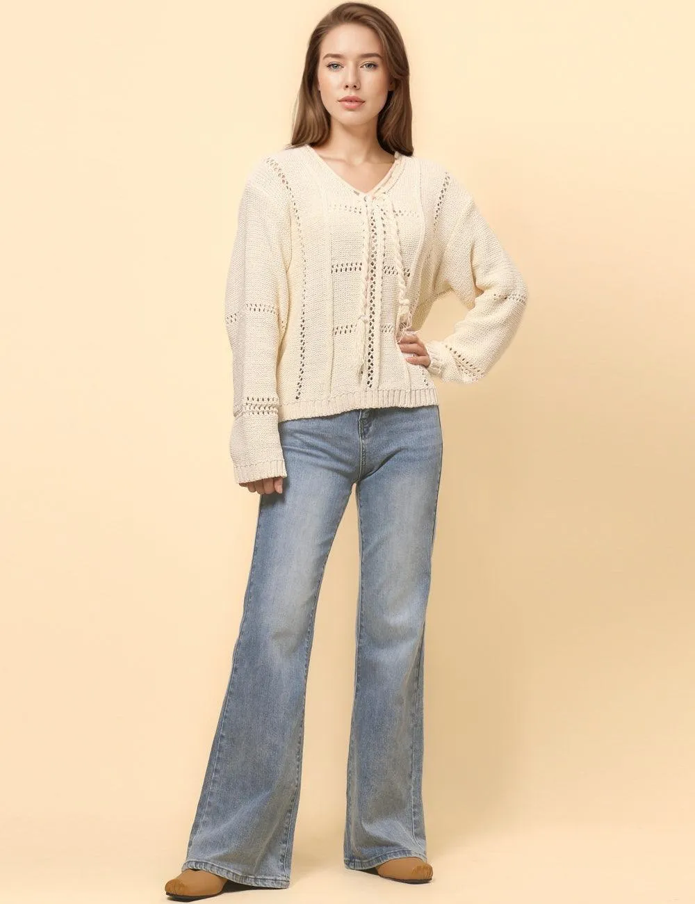 Ladies Hallow V-Neck Long Sleeves Pullover Sweater SKT4809