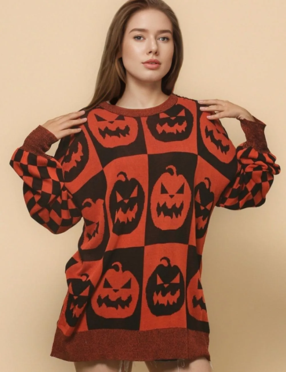 Ladies Halloween Color Block Ghost Pullover Sweater SKT4779