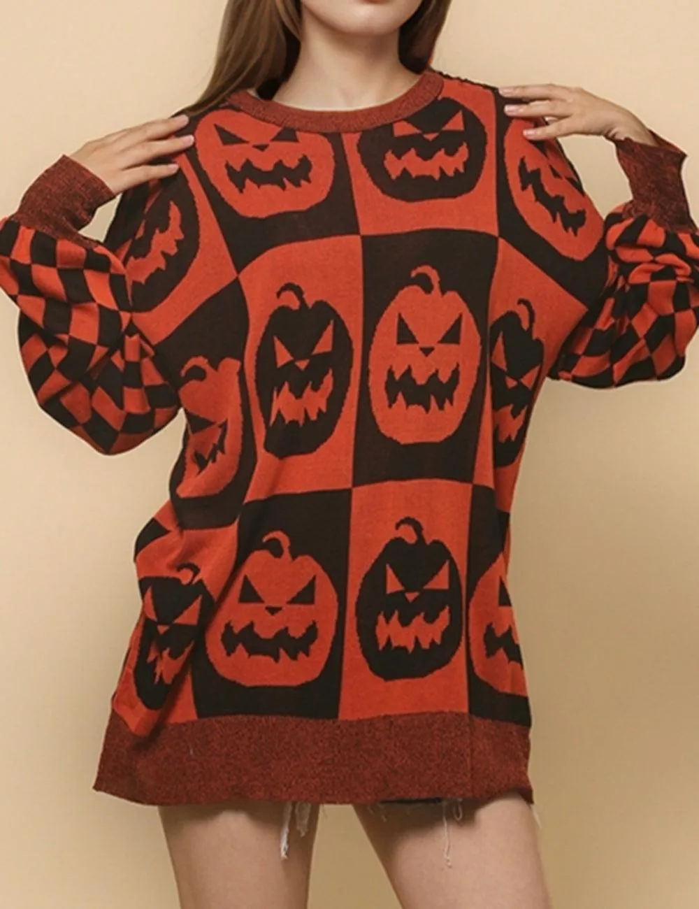 Ladies Halloween Color Block Ghost Pullover Sweater SKT4779