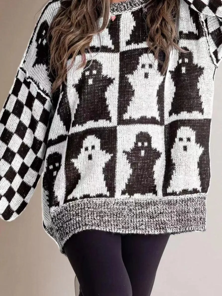 Ladies Halloween Color Block Ghost Pullover Sweater SKT4779