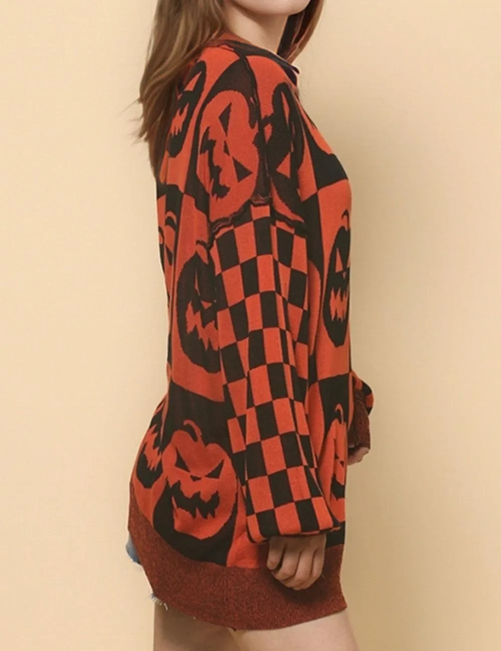 Ladies Halloween Color Block Ghost Pullover Sweater SKT4779