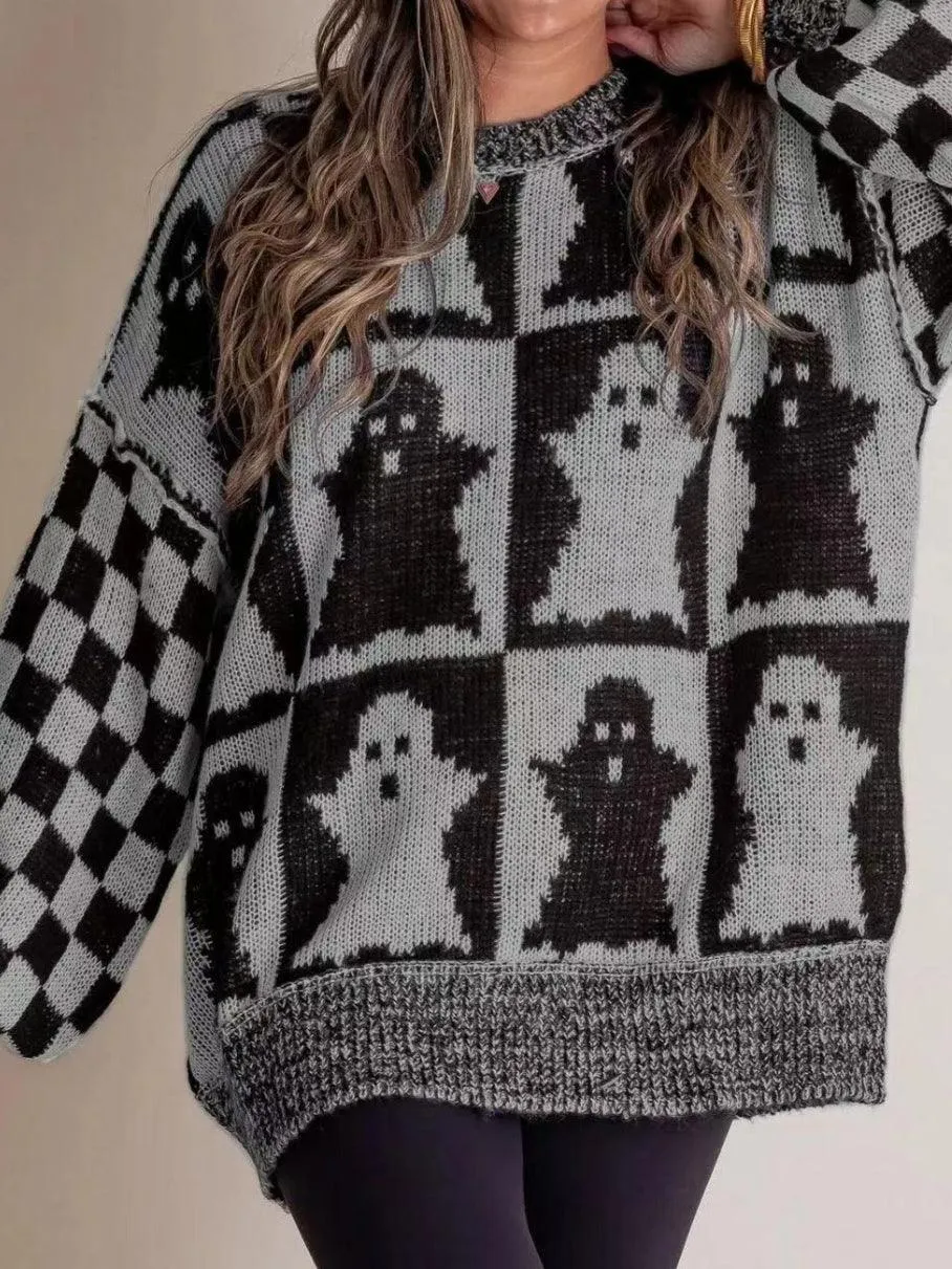 Ladies Halloween Color Block Ghost Pullover Sweater SKT4779