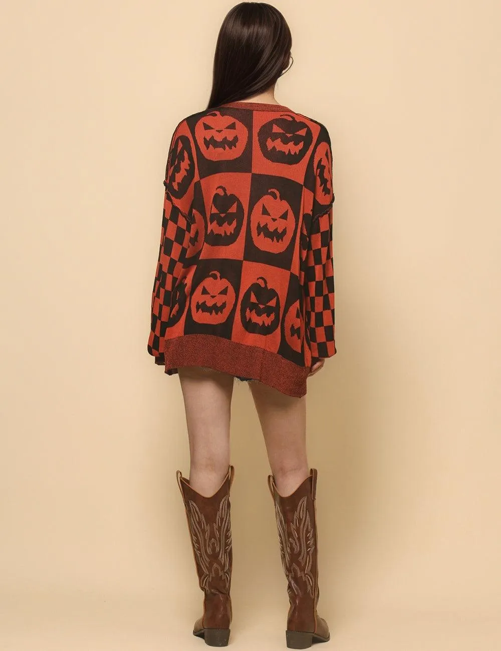 Ladies Halloween Color Block Ghost Pullover Sweater SKT4779