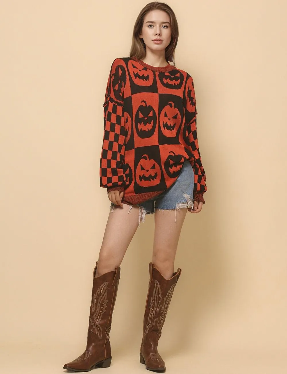 Ladies Halloween Color Block Ghost Pullover Sweater SKT4779