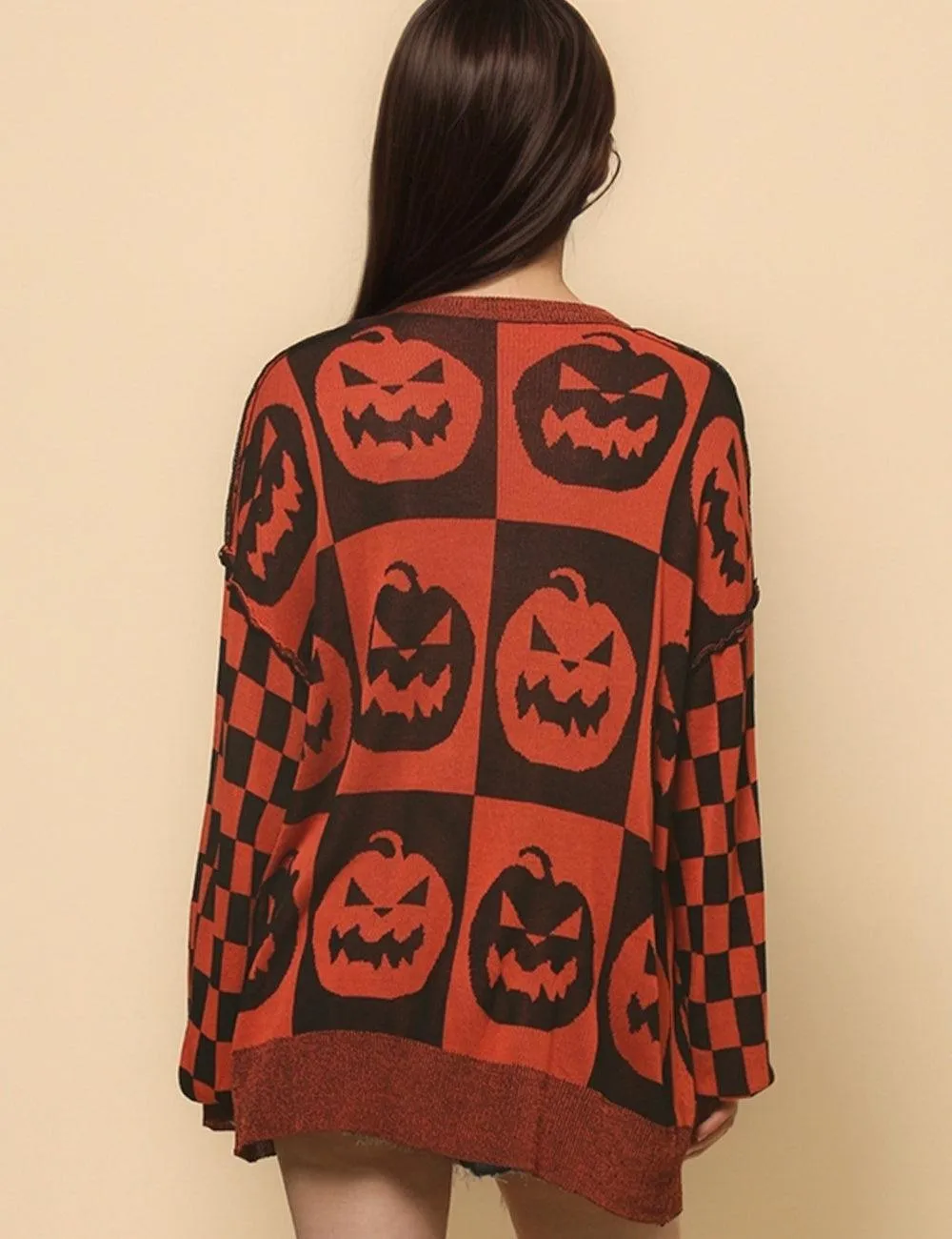 Ladies Halloween Color Block Ghost Pullover Sweater SKT4779