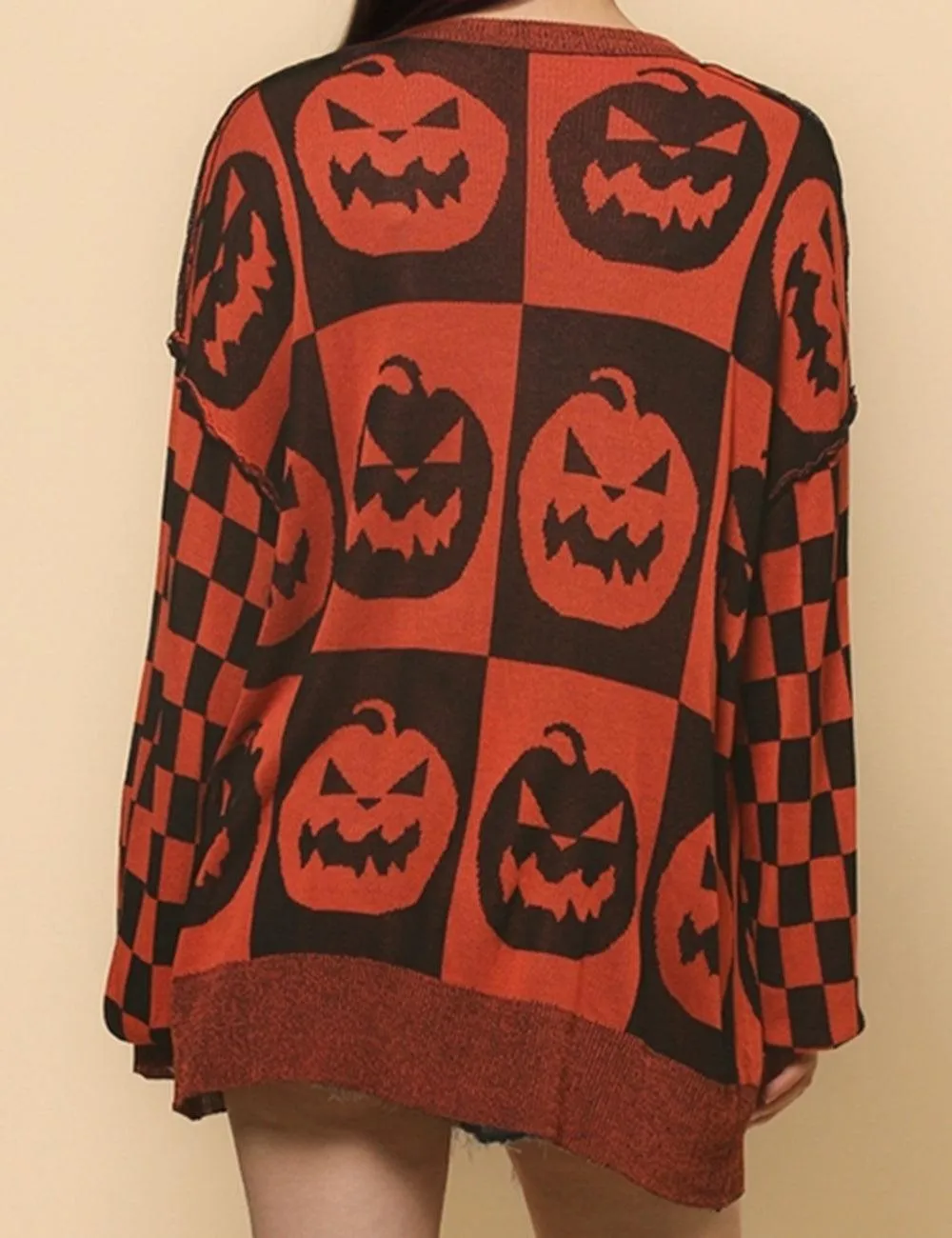 Ladies Halloween Color Block Ghost Pullover Sweater SKT4779