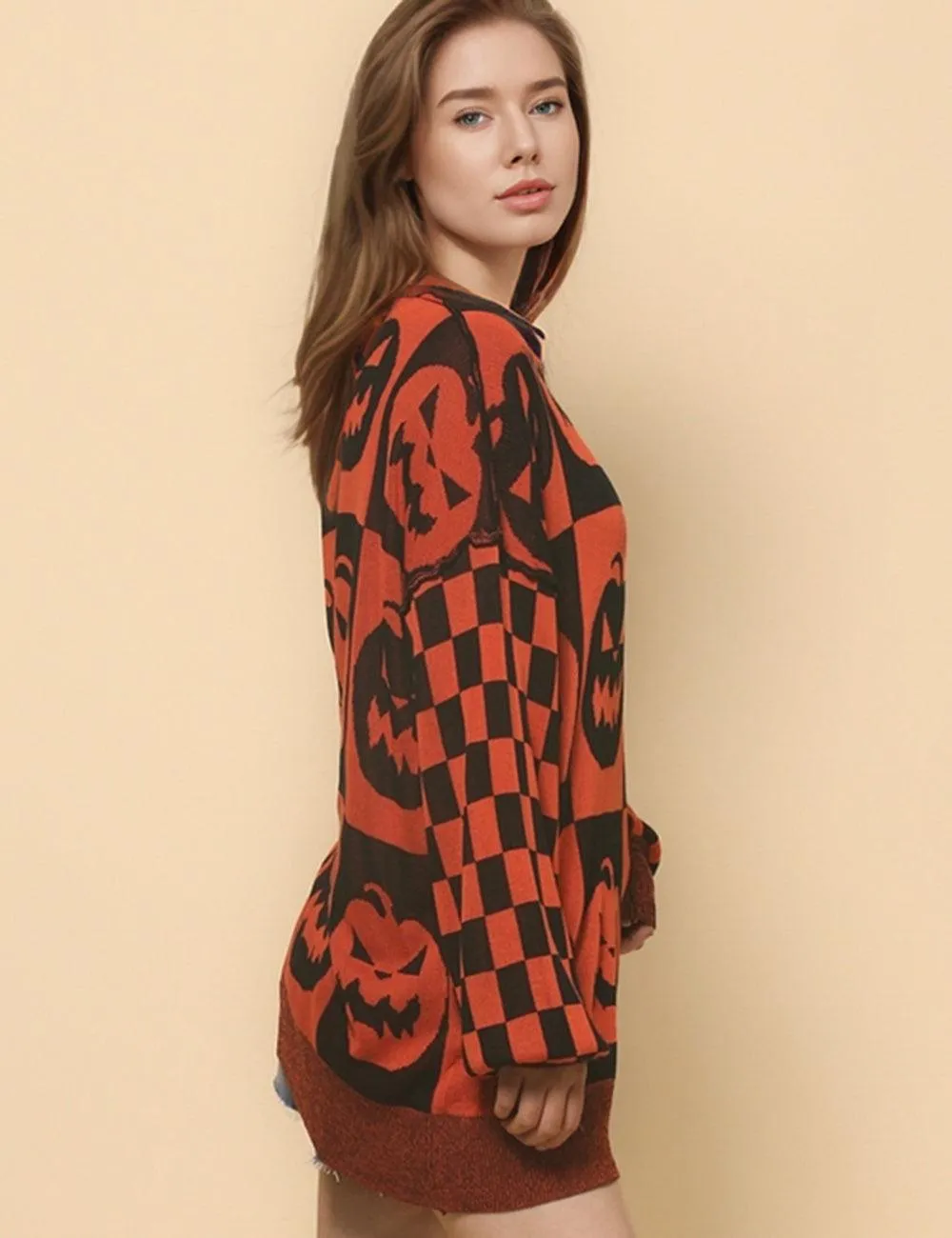 Ladies Halloween Color Block Ghost Pullover Sweater SKT4779