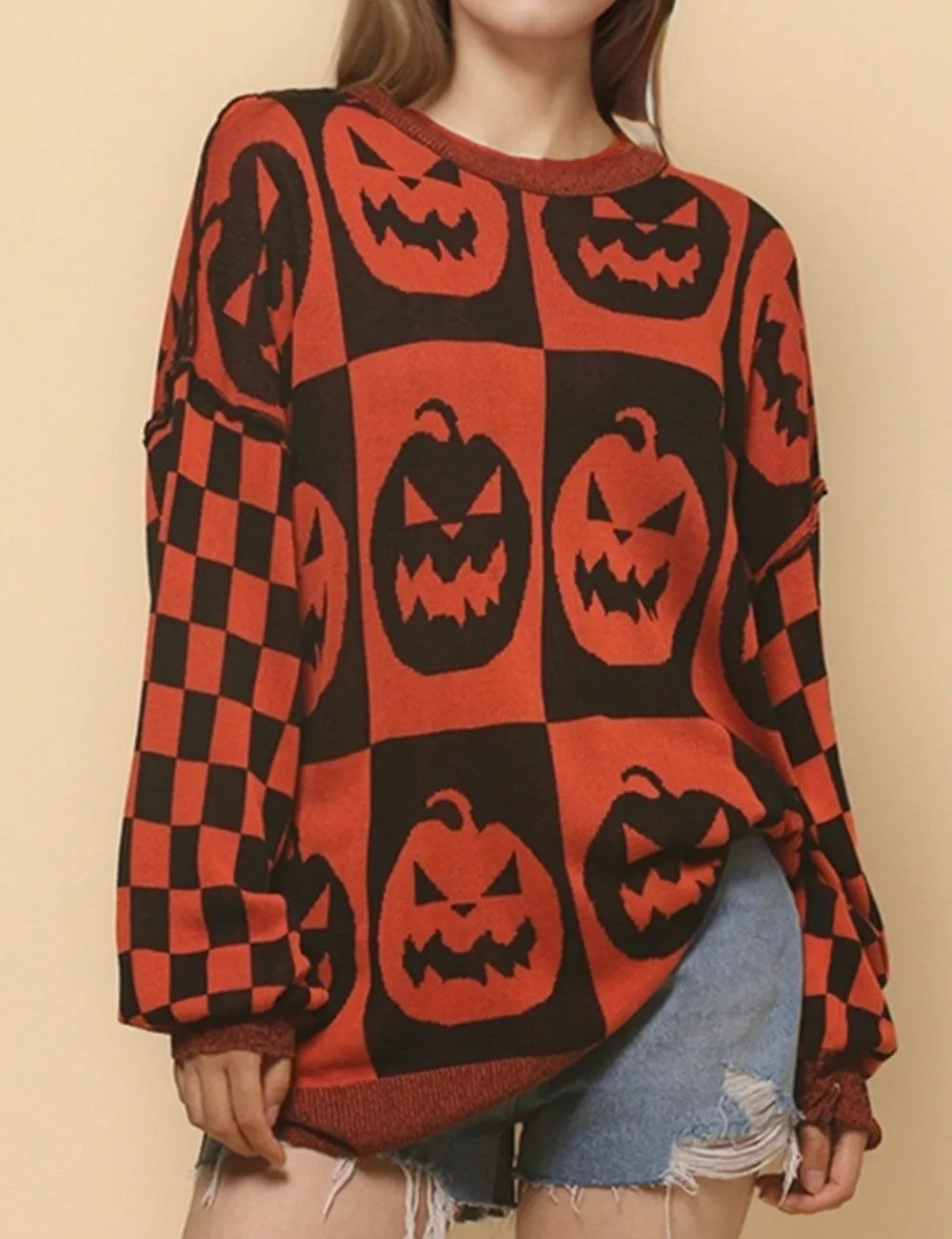 Ladies Halloween Color Block Ghost Pullover Sweater SKT4779
