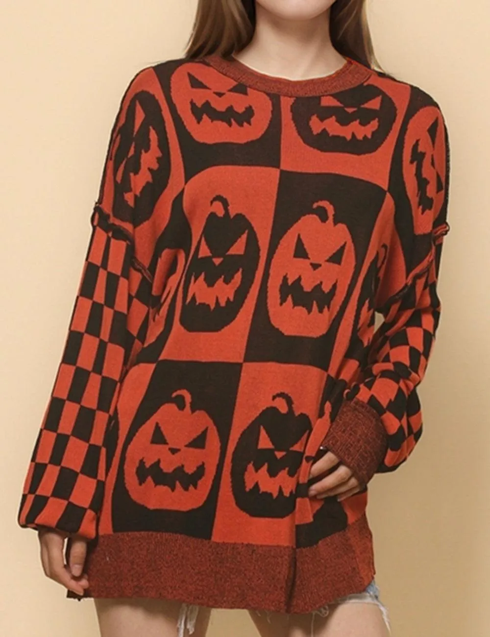 Ladies Halloween Color Block Ghost Pullover Sweater SKT4779