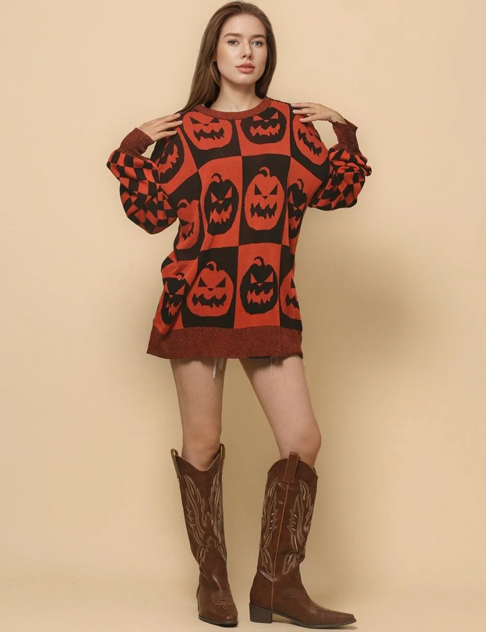 Ladies Halloween Color Block Ghost Pullover Sweater SKT4779