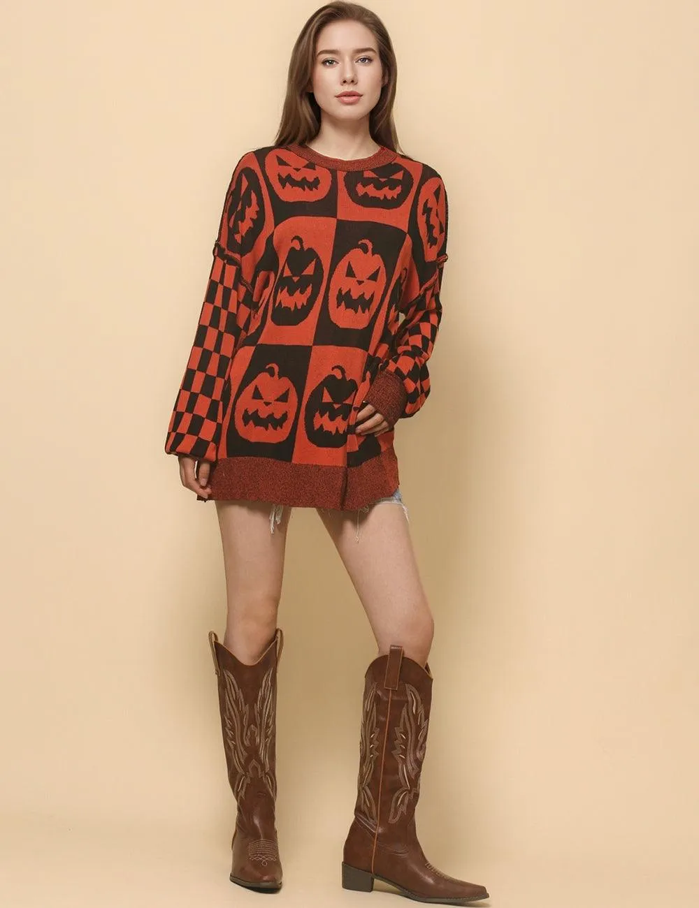 Ladies Halloween Color Block Ghost Pullover Sweater SKT4779