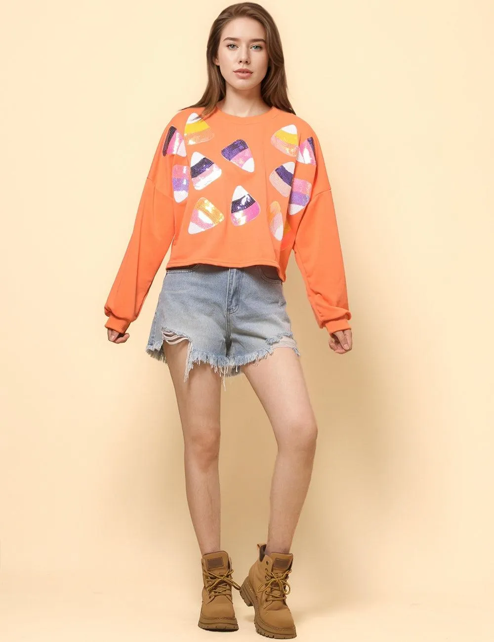 Ladies Halloween Sequin Casual Pullover Sweatshirt SKT4743