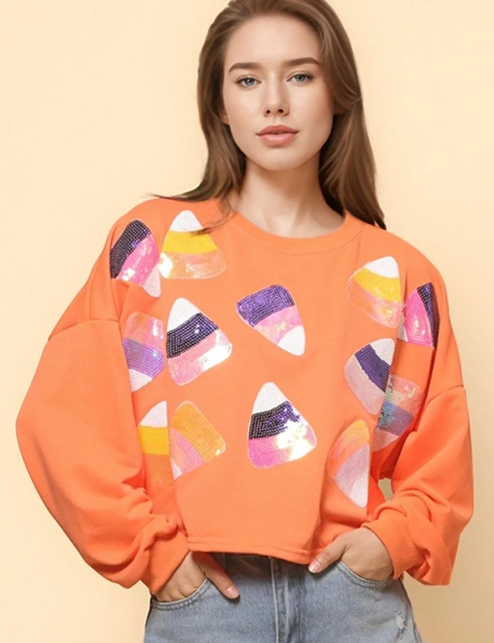 Ladies Halloween Sequin Casual Pullover Sweatshirt SKT4743
