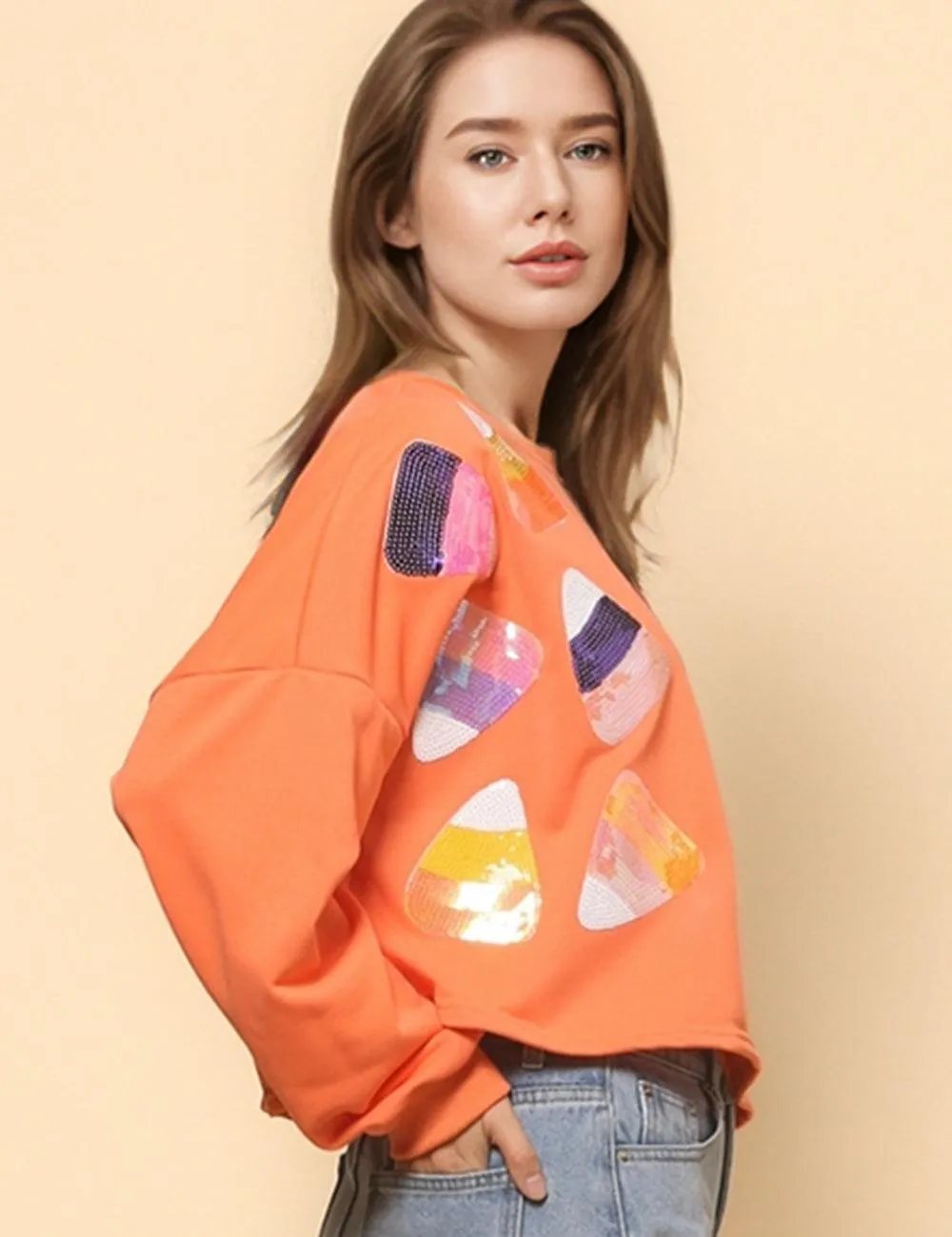 Ladies Halloween Sequin Casual Pullover Sweatshirt SKT4743