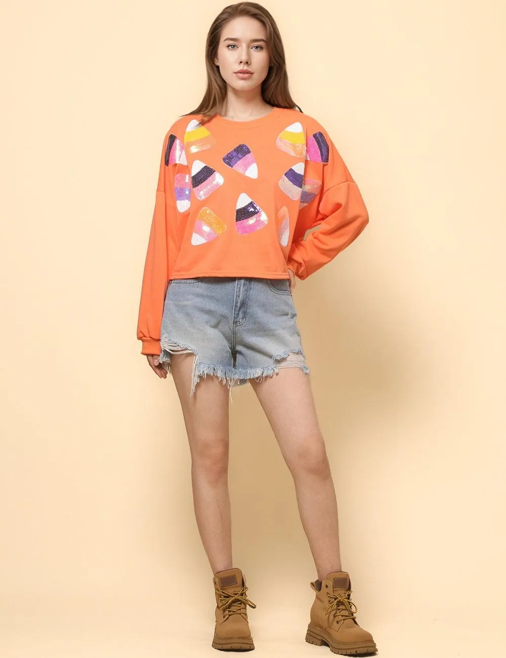 Ladies Halloween Sequin Casual Pullover Sweatshirt SKT4743