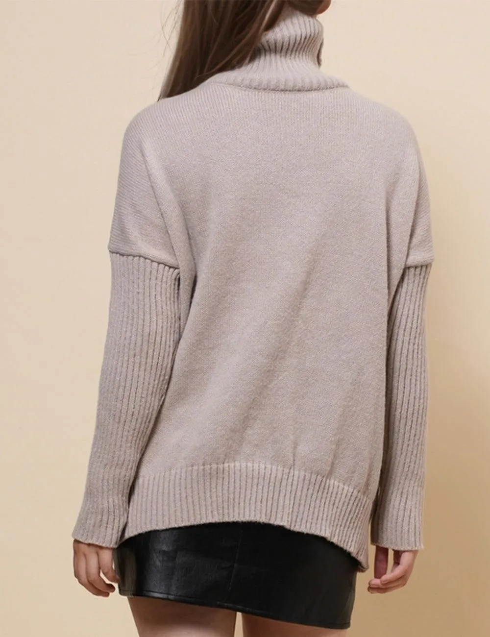 Ladies High Neck Solid Color Pullover Sweather SKT4868
