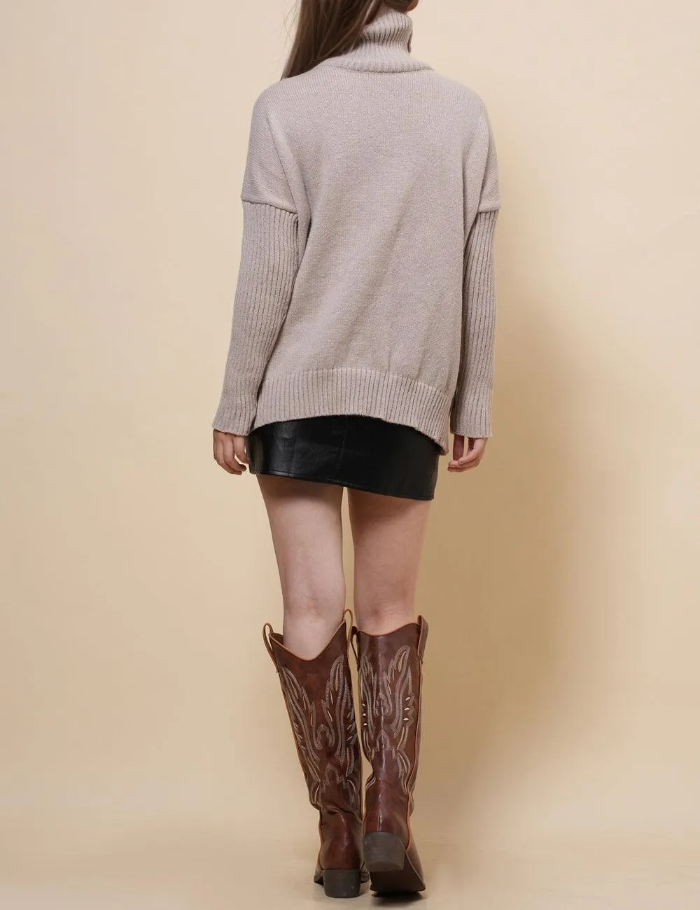 Ladies High Neck Solid Color Pullover Sweather SKT4868