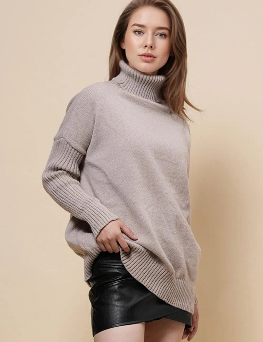 Ladies High Neck Solid Color Pullover Sweather SKT4868